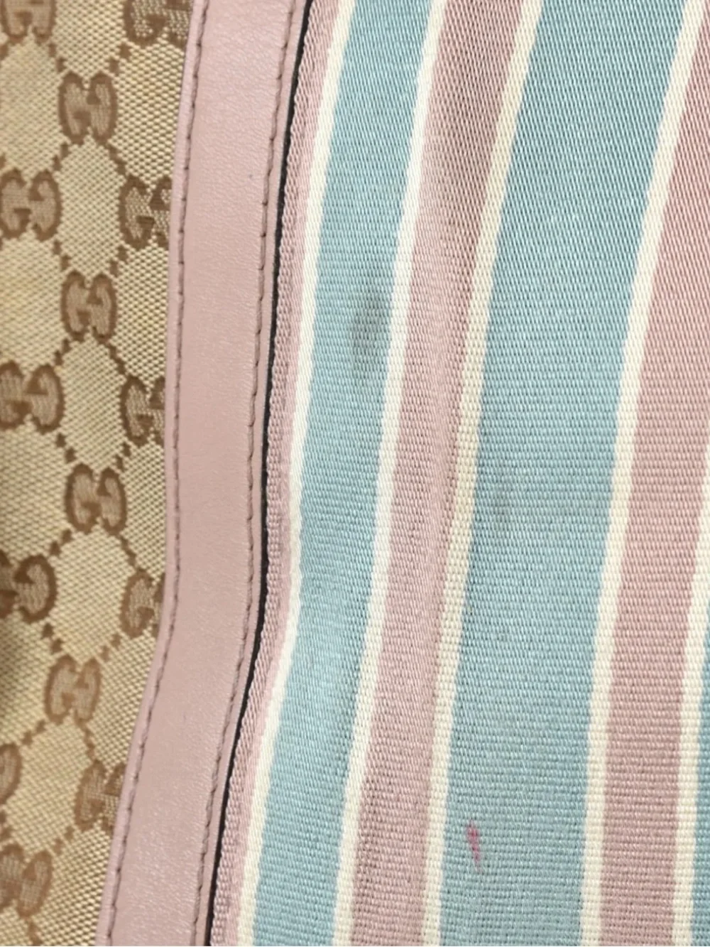 Gucci Beige Monogram Satchel with Pink and Blue Stripes